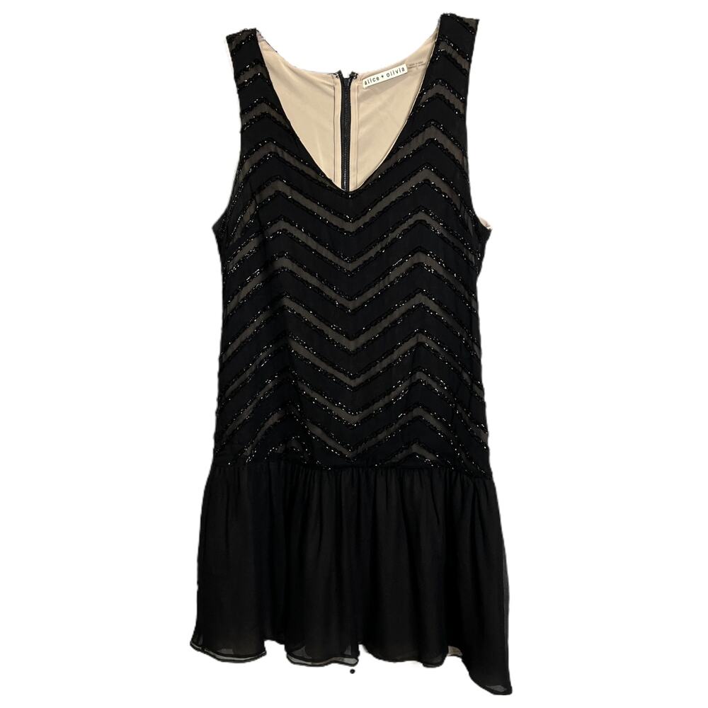 Alice + Olivia Black Beaded Chevron Sequin V-Neck Ruffle‎ Mini Dress Sleeveless